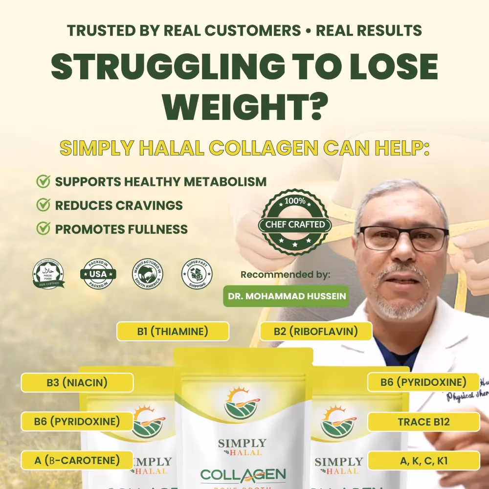 Simply Halal collagen broth powder supports healthy metabolism and reduces cravings, ISA-certified halal collagen