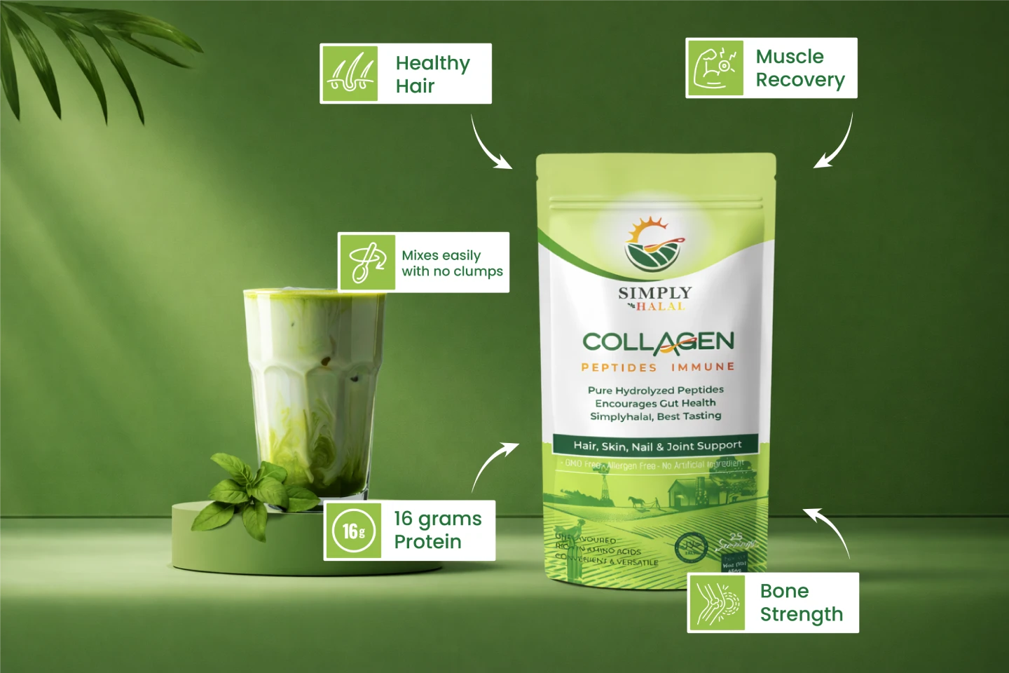 Simply Halal halal collagen peptides immune 16 grams protein per serving, mixes easily with no clumps, shown mixed into green matcha drink. Pure hydrolyzed peptides, encourages gut health, best tasting halal collagen. Supports healthy hair, muscle recovery, bone strength, hair skin nail and joint support. GMO free, allergen free, no artificial ingredients. Unflavoured, rich in amino acids, convenient and versatile. 25 servings.