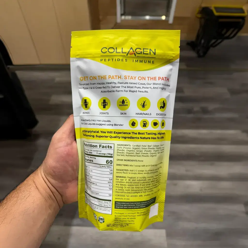 Halal collagen broth powder in a yellow bag by Simply Halal, ISA-certified grass-fed bovine collagen broth