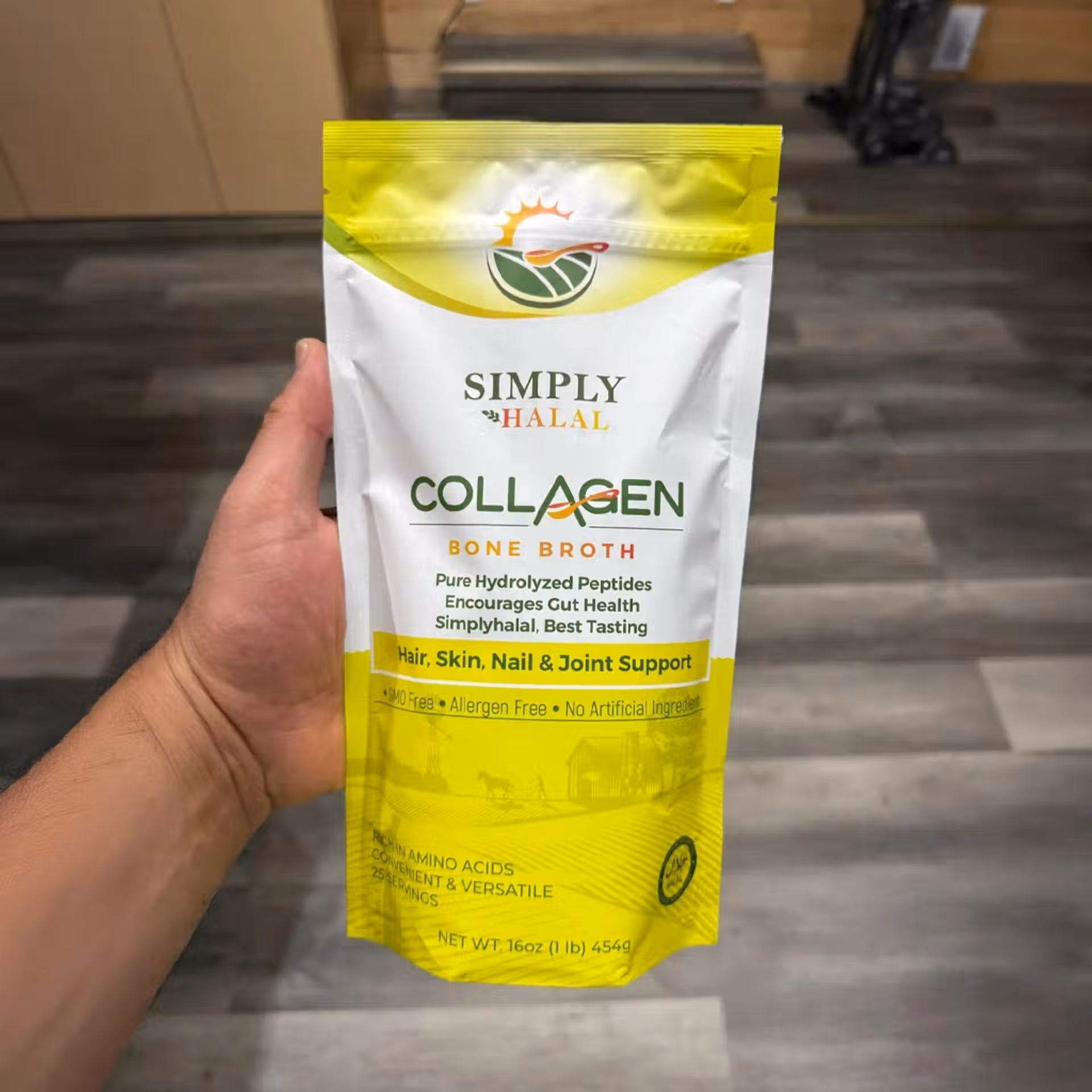Halal collagen broth powder in a yellow bag by Simply Halal, ISA-certified grass-fed bovine collagen broth