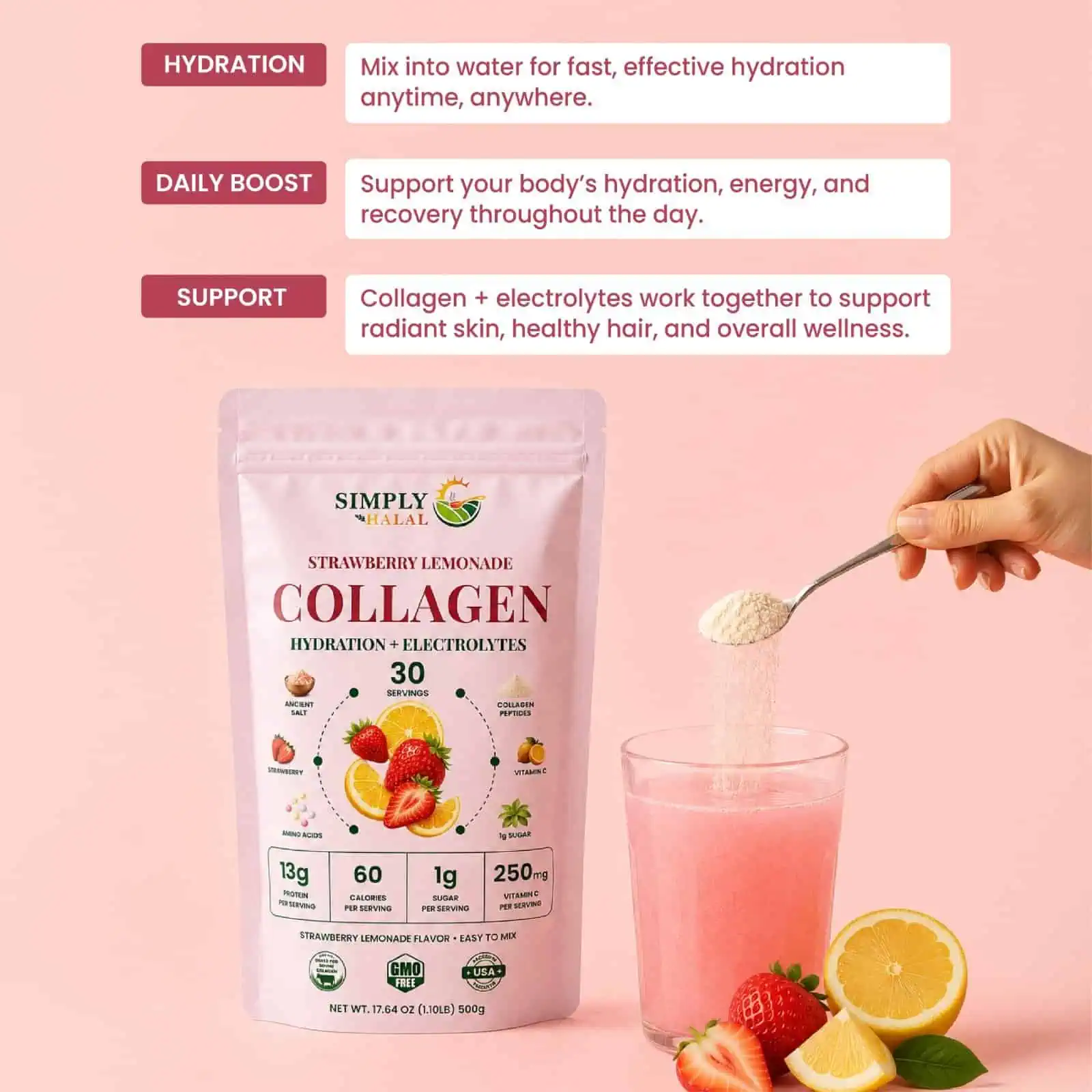 Strawberry Lemonade Collagen with Electrolytes | Simply Halal
