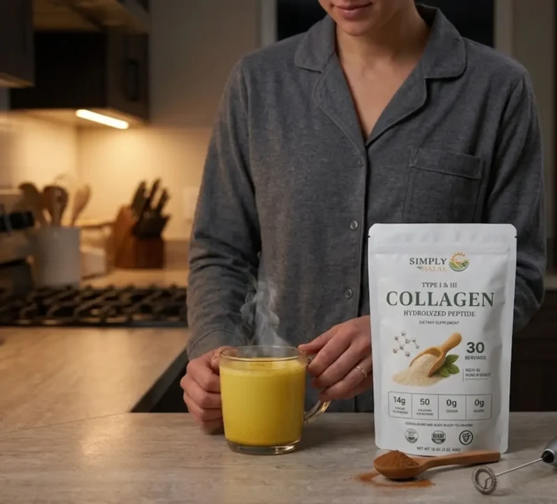Halal Collagen Peptides stirred into warm golden milk before bed, 2.91g glycine per scoop