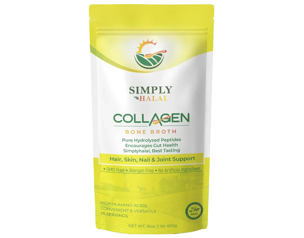 Halal collagen broth powder in a yellow bag by Simply Halal, ISA-certified grass-fed bovine collagen broth